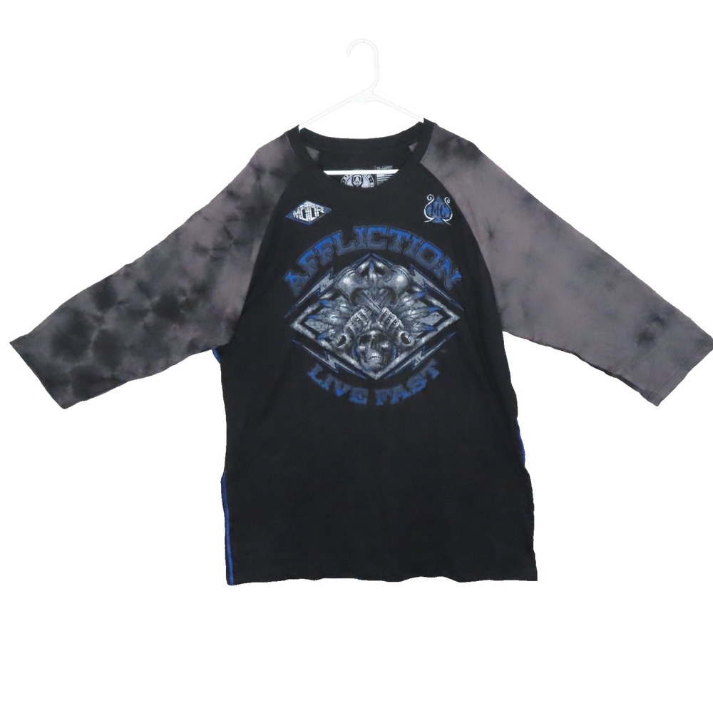 Affliction Live Past T Shirt Mens 3XL Black Gray Raglan Sleeve Crew Neck Graphic